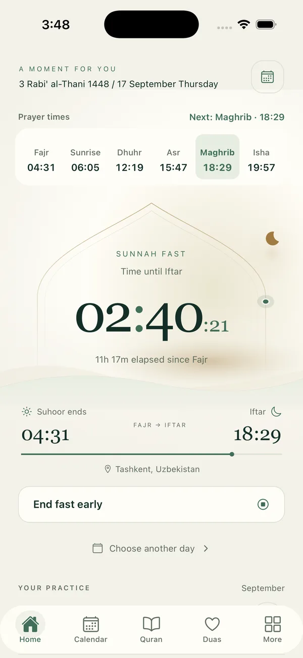 The app's home screen during a Sunnah fast, counting down to iftar with today's prayer times above