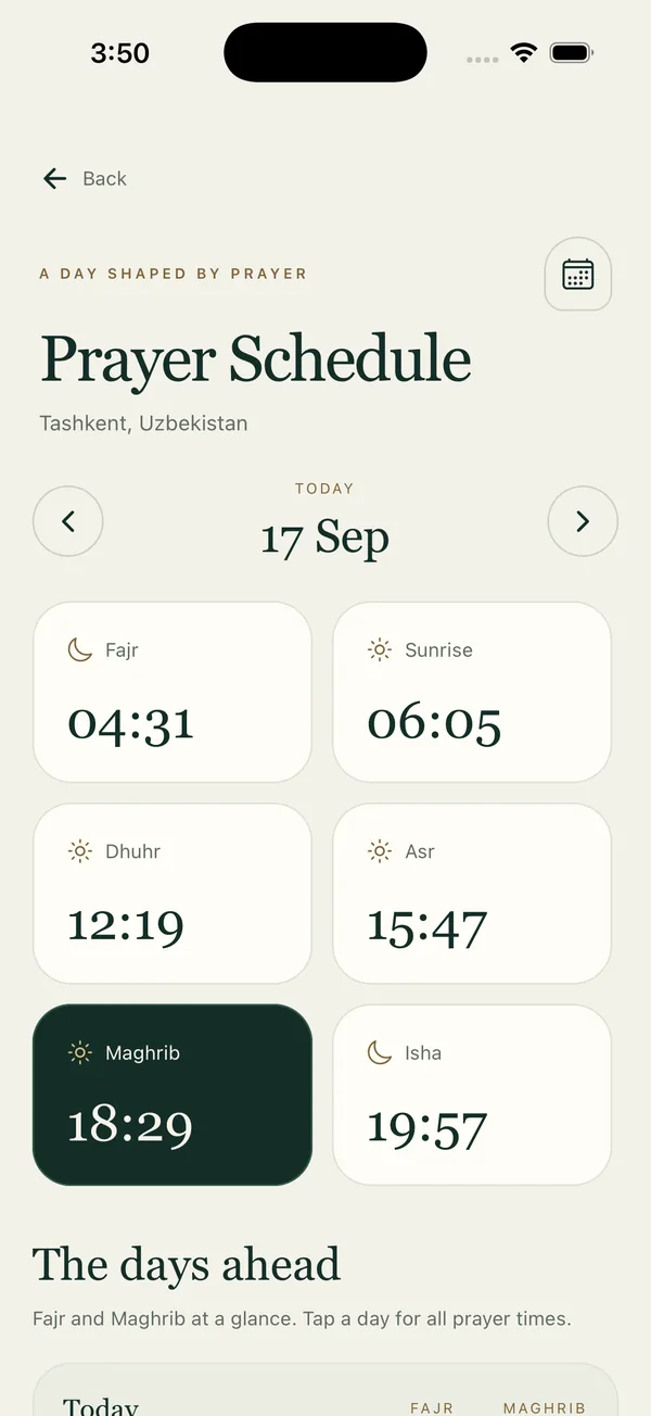 Today's prayer schedule with Fajr, sunrise, Dhuhr, Asr, Maghrib and Isha times