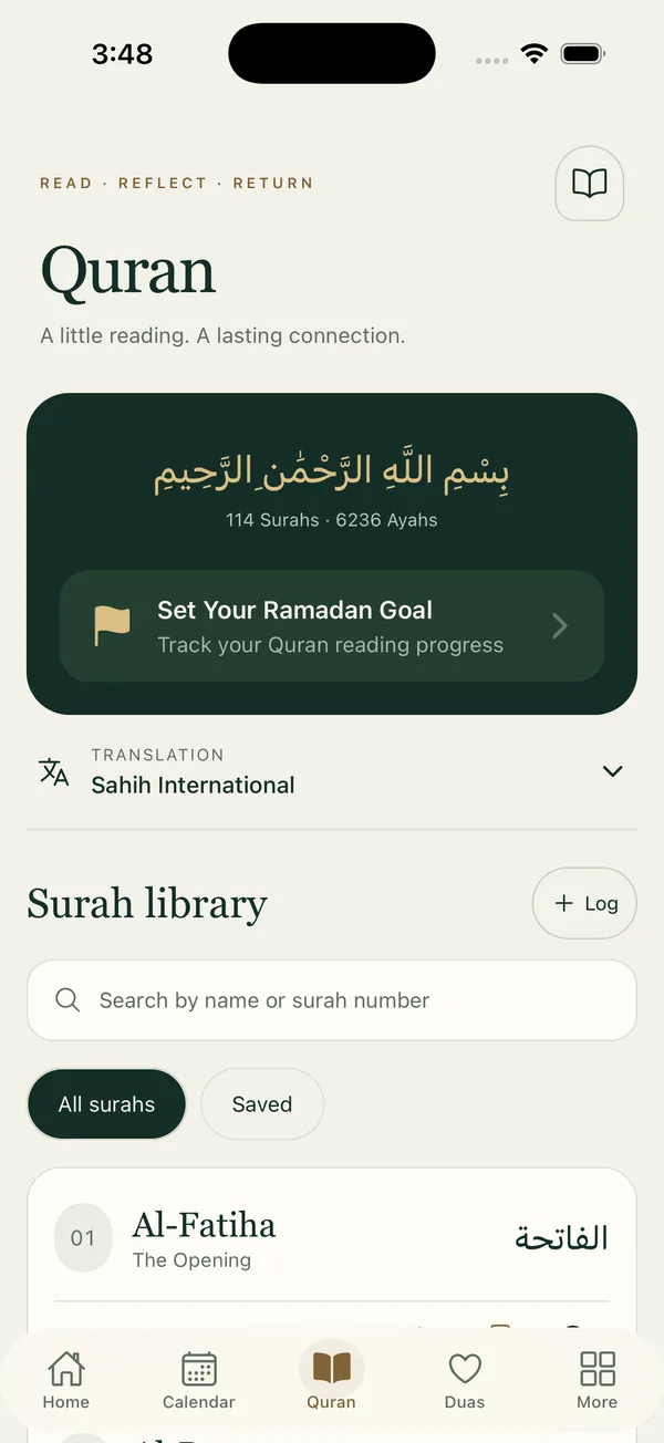 The Quran screen with the surah library and translation picker