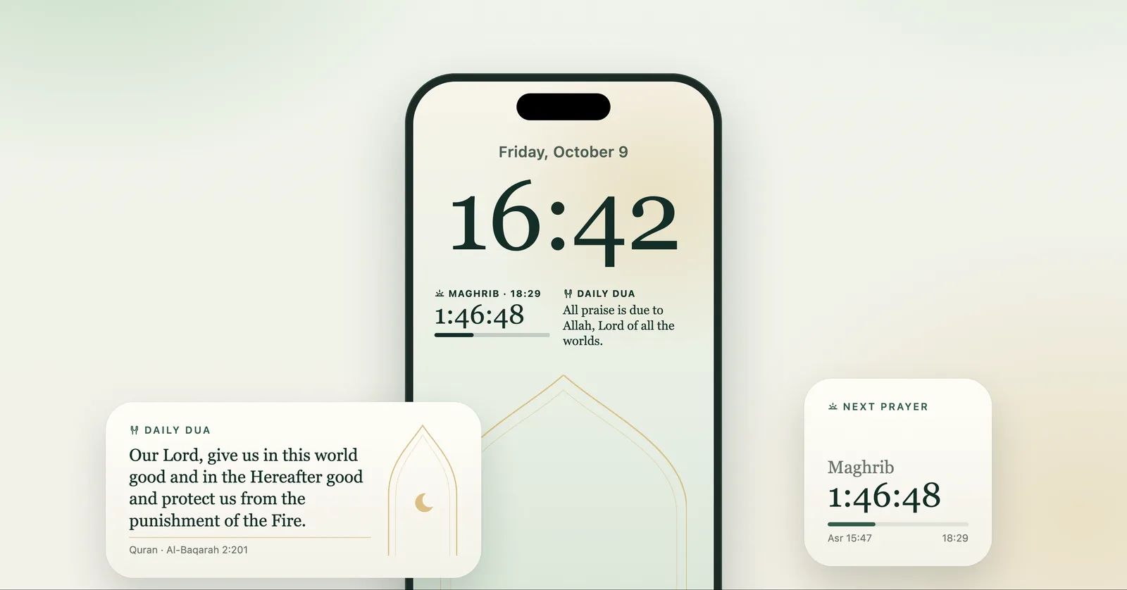 An iPhone Lock Screen showing the Maghrib countdown and the daily dua, with the Daily Dua and Next Prayer widgets beside it