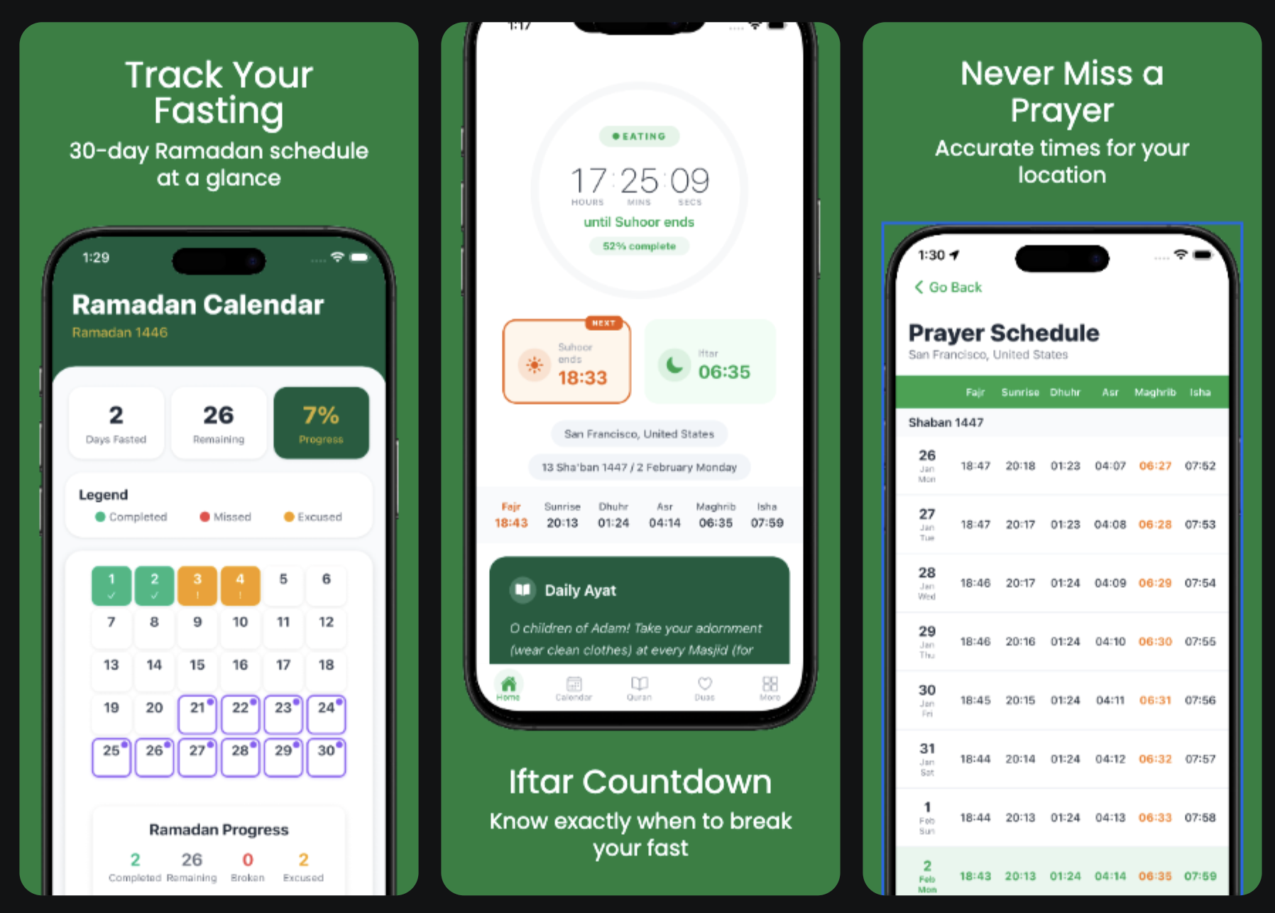 App screenshots showing fasting tracker, iftar countdown, and prayer schedule
